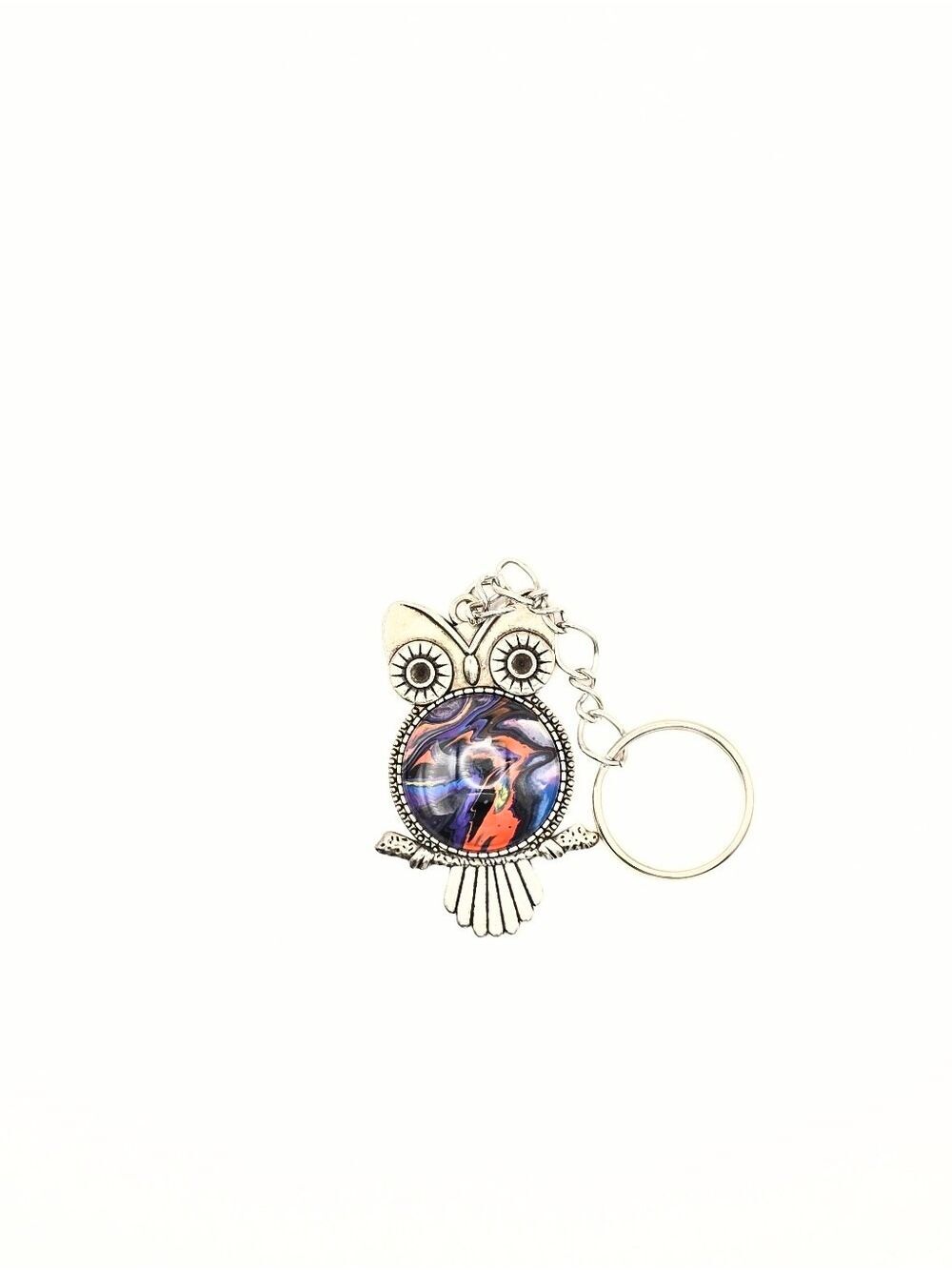Silver Owl Keychain with Multicolor Cabochon Accent